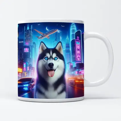 Siberian Husky Neon City Night Scene