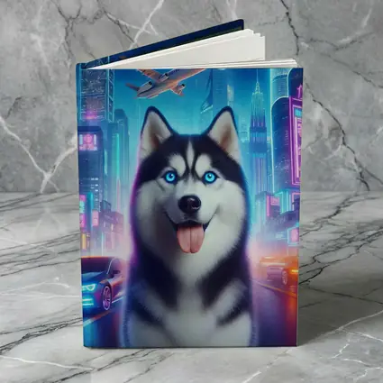 Siberian Husky Neon City Night Scene