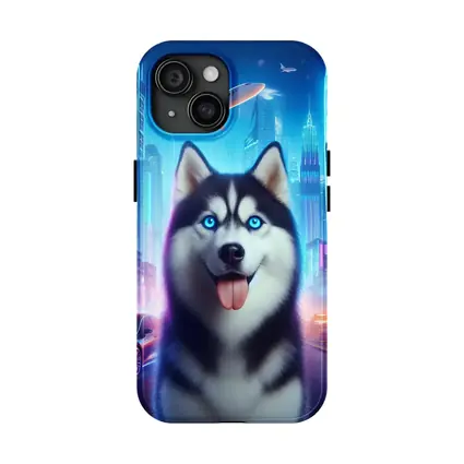 Siberian Husky Neon City Night Scene