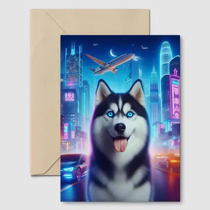 Siberian Husky Neon City Night Scene