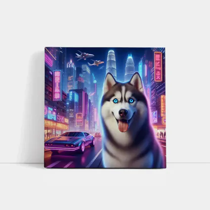 Siberian Husky Neon Cyberpunk City Night