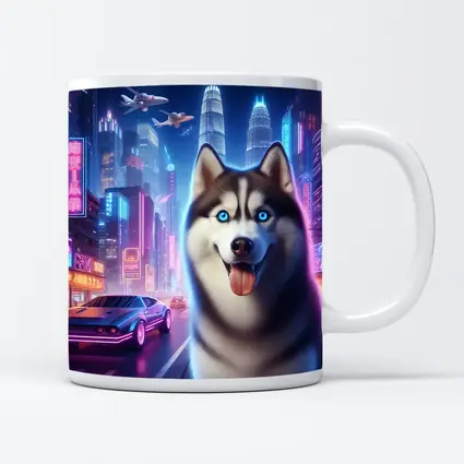 Siberian Husky Neon Cyberpunk City Night