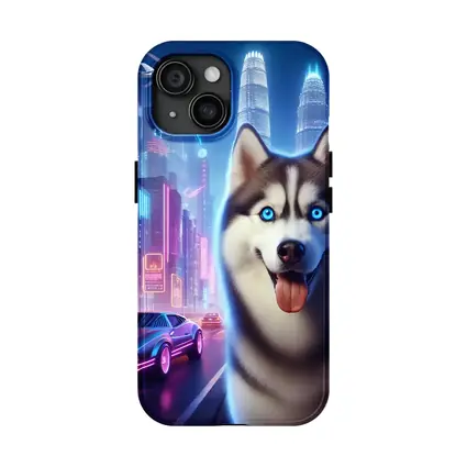 Siberian Husky Neon Cyberpunk City Night