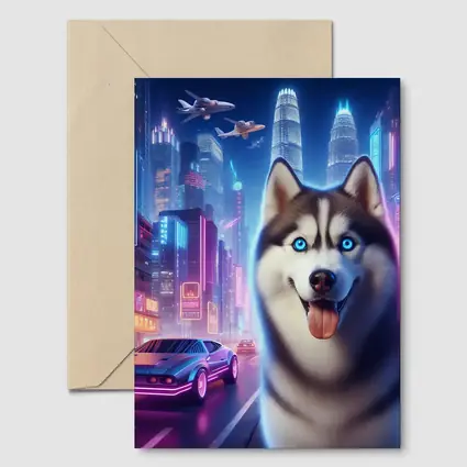 Siberian Husky Neon Cyberpunk City Night