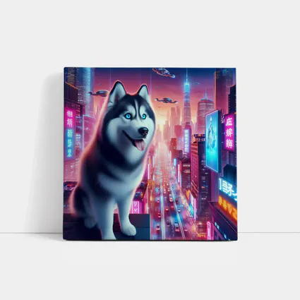 Siberian Husky Cyberpunk Neon City Night