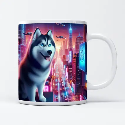 Siberian Husky Cyberpunk Neon City Night