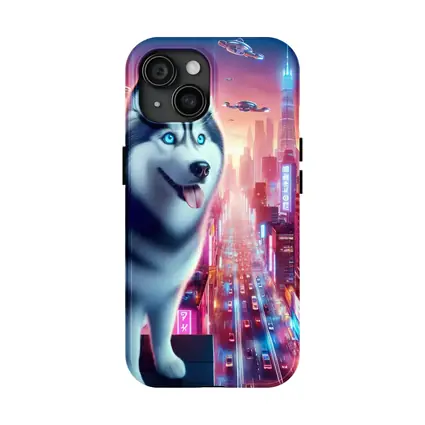 Siberian Husky Cyberpunk Neon City Night