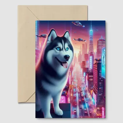 Siberian Husky Cyberpunk Neon City Night