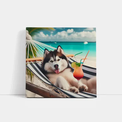 Siberian Husky Relaxing on Tropical Beach Hammock