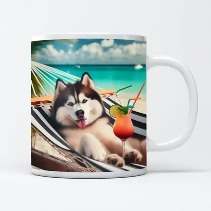 Siberian Husky Relaxing on Tropical Beach Hammock