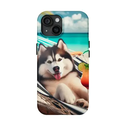 Siberian Husky Relaxing on Tropical Beach Hammock