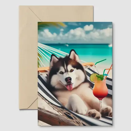 Siberian Husky Relaxing on Tropical Beach Hammock