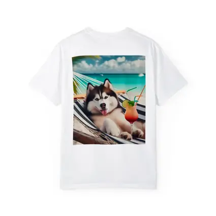 Siberian Husky Relaxing on Tropical Beach Hammock