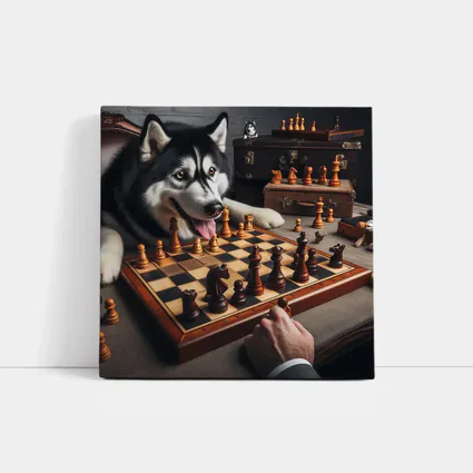 Siberian Husky Playing Chess Vintage Setting