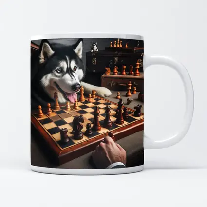 Siberian Husky Playing Chess Vintage Setting