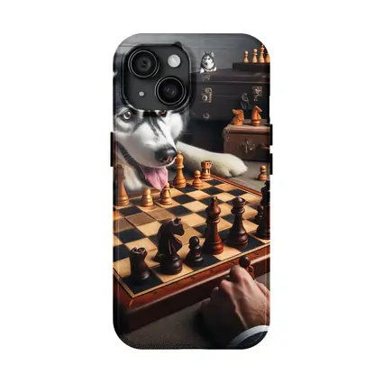 Siberian Husky Playing Chess Vintage Setting