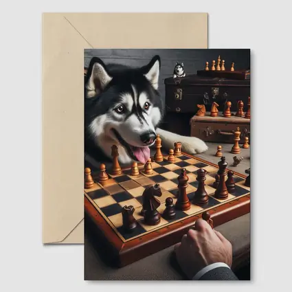 Siberian Husky Playing Chess Vintage Setting
