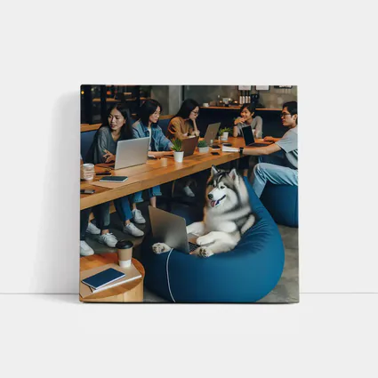 Husky Dog Working Laptop Cozy Cafe