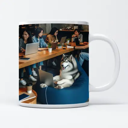 Husky Dog Working Laptop Cozy Cafe