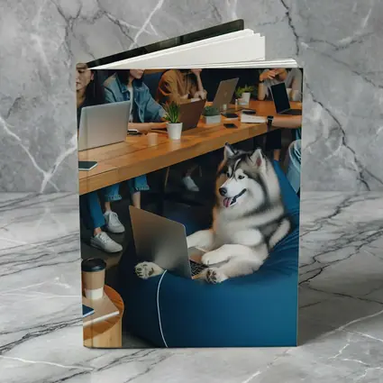 Husky Dog Working Laptop Cozy Cafe