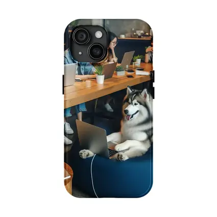 Husky Dog Working Laptop Cozy Cafe