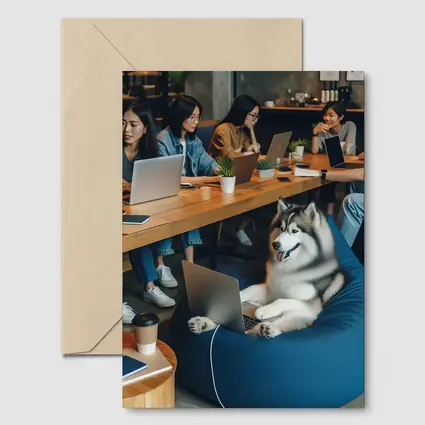 Husky Dog Working Laptop Cozy Cafe