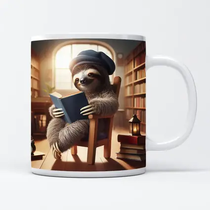 Sloth Reading Book in Cozy Library
