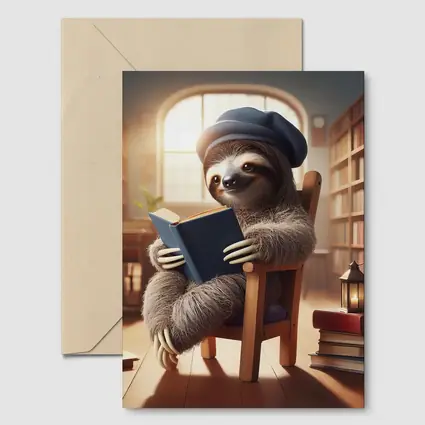 Sloth Reading Book in Cozy Library