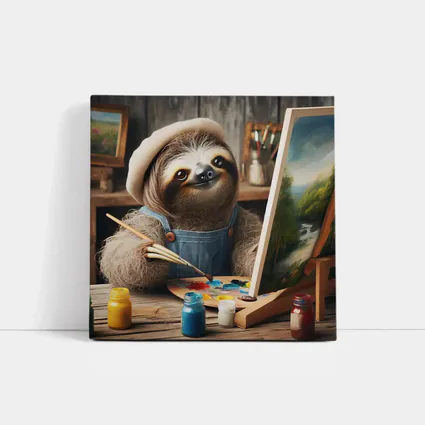 Sloth Artist Painting on Canvas Rustic Studio
