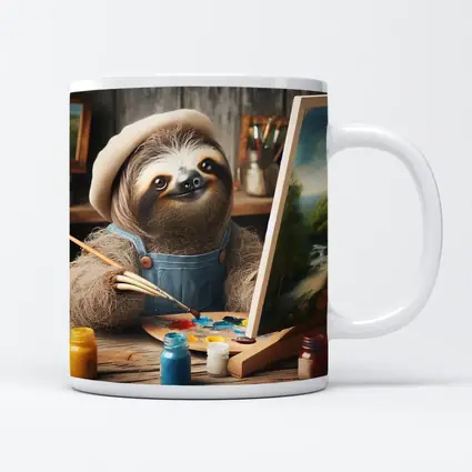 Sloth Artist Painting on Canvas Rustic Studio
