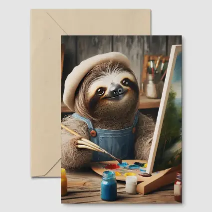 Sloth Artist Painting on Canvas Rustic Studio