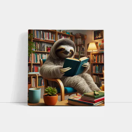 Sloth Reading Book in Cozy Library