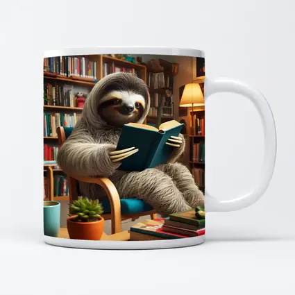 Sloth Reading Book in Cozy Library