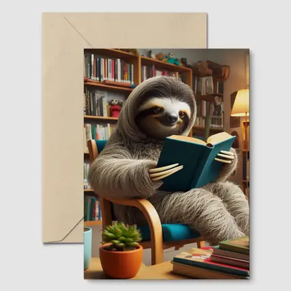 Sloth Reading Book in Cozy Library