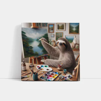Sloth Artist Painting on Easel Studio