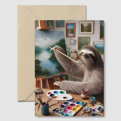 Sloth Artist Painting on Easel Studio