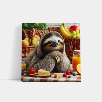 Sloth at Picnic with Cheese and Fruits