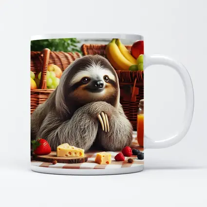 Sloth at Picnic with Cheese and Fruits