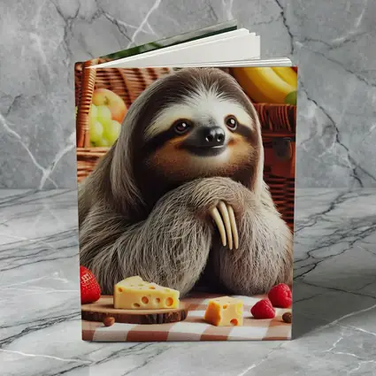 Sloth at Picnic with Cheese and Fruits
