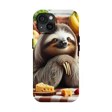 Sloth at Picnic with Cheese and Fruits