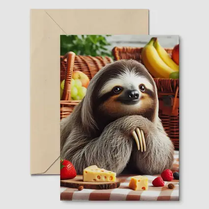 Sloth at Picnic with Cheese and Fruits