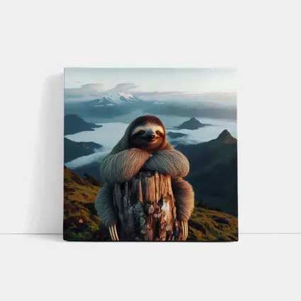 Sloth Hugging Tree Stump Mountain Landscape