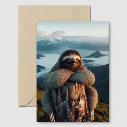 Sloth Hugging Tree Stump Mountain Landscape