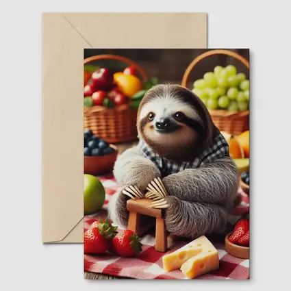 Sloth Sitting at Fruit Picnic Spread