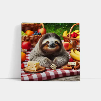 Happy Sloth Picnic With Fruits And Cheese