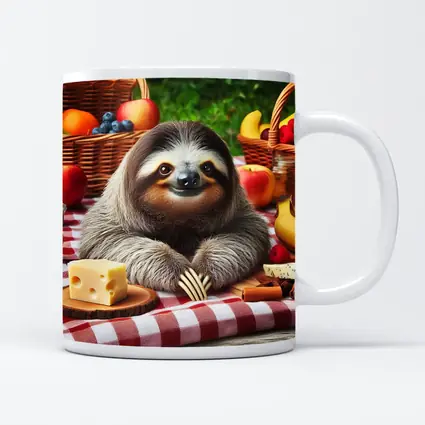 Happy Sloth Picnic With Fruits And Cheese