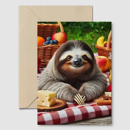 Happy Sloth Picnic With Fruits And Cheese