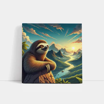 Relaxed Sloth Overlooking Mountain River Landscape