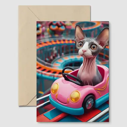 Sphynx Cat Riding Pink Car Amusement Park