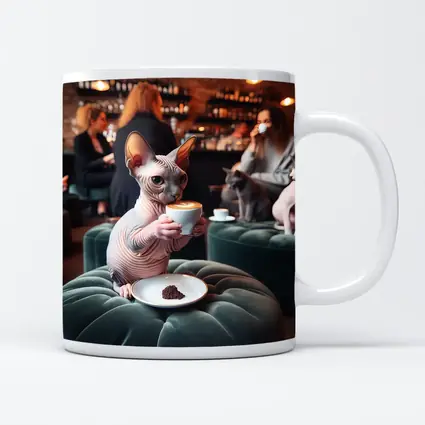 Sphynx Cat Drinking Coffee In Cafe